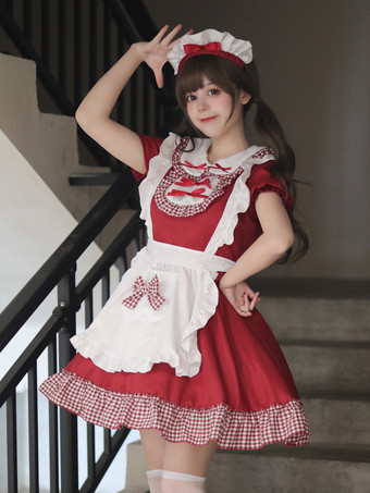 ロリータ スイートドレス メイドコスチューム コスプレ用 レッドベルベット フリル ユニフォーム