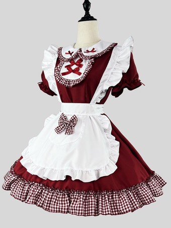 ロリータ スイートドレス メイドコスチューム コスプレ用 レッドベルベット フリル ユニフォーム