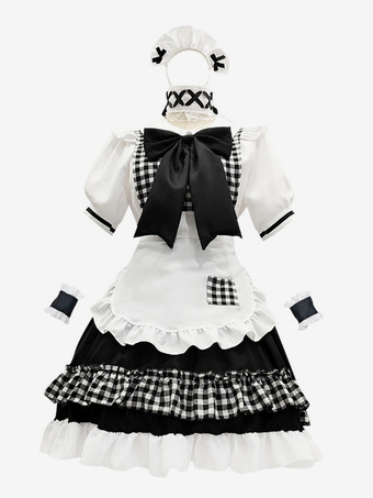 ブラック ロリータメイド服スーツスイートチェック柄制服プリンセスドレスセットアニメコスプレ衣装