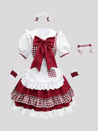 レッド ロリータメイド服スーツスイートチェック柄制服プリンセスドレスセットアニメコスプレ衣装