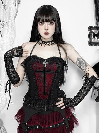 ブラック ゴシックロリータレーストリムキャミソールとメッシュショートスカートセットダークシリーズハロウィンコスプレスーツ