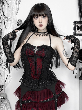 ゴシックロリータレーストリムキャミソールとメッシュショートスカートセットダークシリーズハロウィンコスプレスーツ