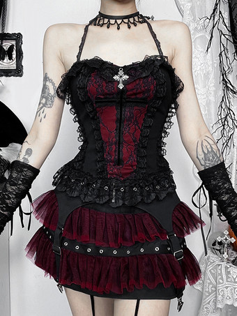 ゴシックロリータレーストリムキャミソールとメッシュショートスカートセットダークシリーズハロウィンコスプレスーツ