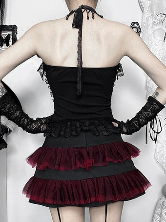 ゴシックロリータレーストリムキャミソールとメッシュショートスカートセットダークシリーズハロウィンコスプレスーツ