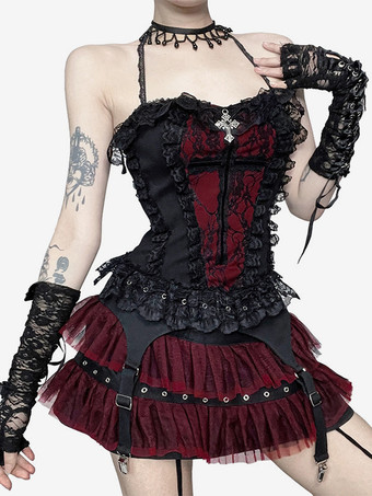 ゴシックロリータレーストリムキャミソールとメッシュショートスカートセットダークシリーズハロウィンコスプレスーツ