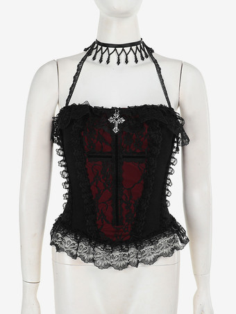 ゴシックロリータレーストリムキャミソールとメッシュショートスカートセットダークシリーズハロウィンコスプレスーツ