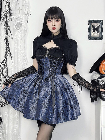 ゴシックロリータ花柄スリップドレスとレーススモックセット コスプレスーツ