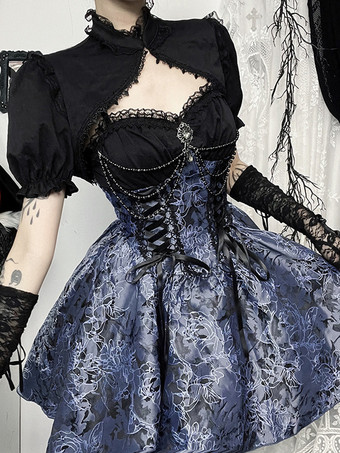 ゴシックロリータ花柄スリップドレスとレーススモックセット コスプレスーツ
