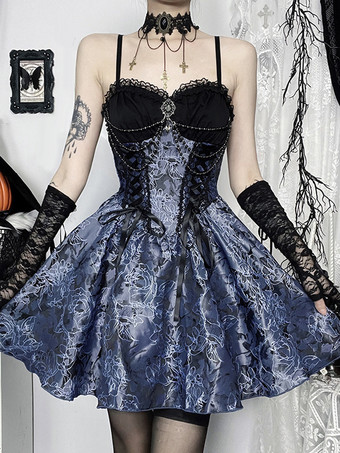 ゴシックロリータ花柄スリップドレスとレーススモックセット コスプレスーツ