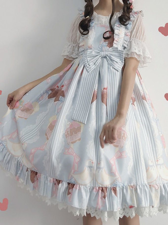ライトスカイブルースイートロリータドレス かわいい漫画プリント レース リボン プリンセスドレス