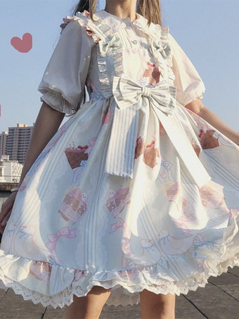 スイートロリータドレス かわいい漫画プリント レース リボン プリンセスドレス