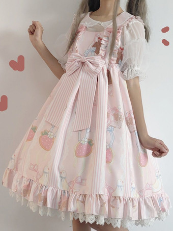 ピンクスイートロリータドレス かわいい漫画プリント レース リボン プリンセスドレス