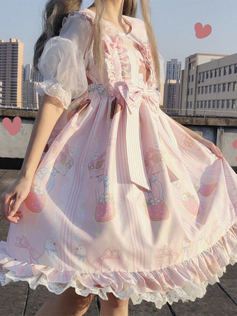 スイートロリータドレス かわいい漫画プリント レース リボン プリンセスドレス