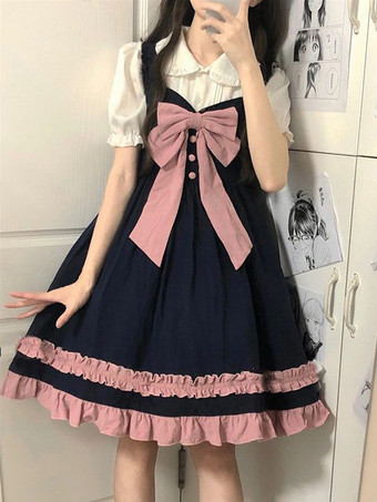 ダークネイビーセットアップ ブラウス JSK ジャンパースカート JK 学園風 フリル リボン ガーリー 甘め lolita ろりーた 服