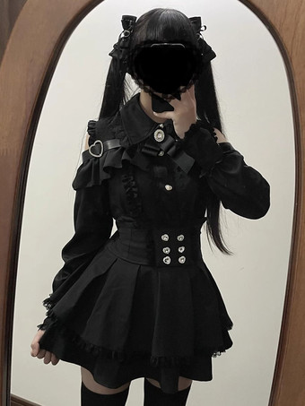 ブラック 量産型 地雷系 2点セット リボン バタフライかわいい 肩を出し 長袖 サロペット スカートロリータドレスセットアップ