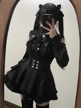 量産型 地雷系 2点セット リボン バタフライかわいい 肩を出し 長袖 サロペット スカートロリータドレスセットアップ