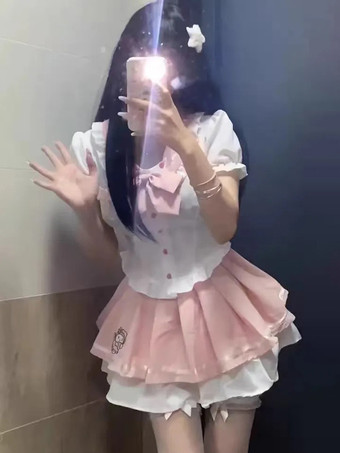 地雷系 ロリッタ 2点セット パフスリー シャツ ピンク スカート リボン JK服 可愛い セーラーカラー 着痩せ セットアップ
