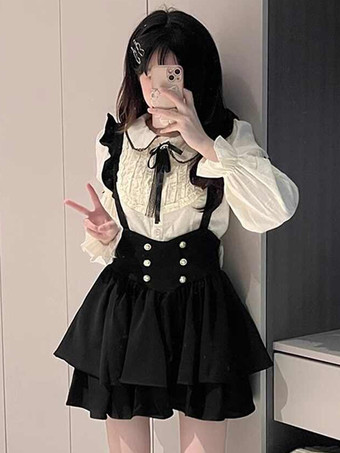 Conjunto de dos piezas de subcultura Lolita: blusa de encaje de manga larga y falda hasta la rodilla disfraces de cosplay de inspiración escolar.