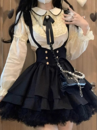Conjunto de dos piezas de subcultura Lolita: blusa de encaje de manga larga y falda hasta la rodilla disfraces de cosplay de inspiración escolar.