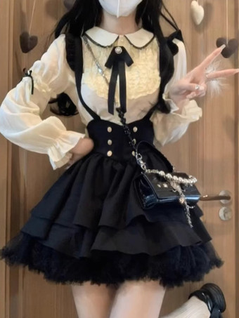 Conjunto de dos piezas de subcultura Lolita: blusa de encaje de manga larga y falda hasta la rodilla disfraces de cosplay de inspiración escolar.