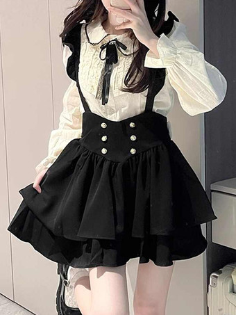 negro Conjunto de dos piezas de subcultura Lolita: blusa de encaje de manga larga y falda hasta la rodilla disfraces de cosplay de inspiración escolar.