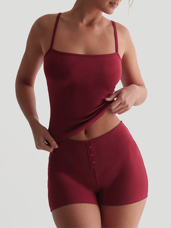 ワインレッド 女性用カジュアルキャミソールとショーツラウンジセット 2025