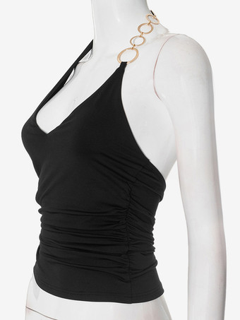 装飾リング付きブラックホルタートップ、セクシーなVネックルーシュトップ、女性用2025