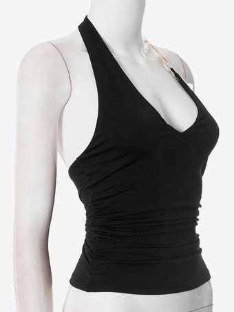 装飾リング付きブラックホルタートップ、セクシーなVネックルーシュトップ、女性用2025