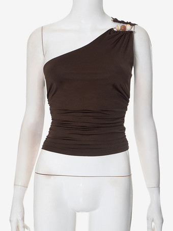 ブラウンのワンショルダートップ、セクシーなルーシュ夏用タンクトップ、女性用 2025