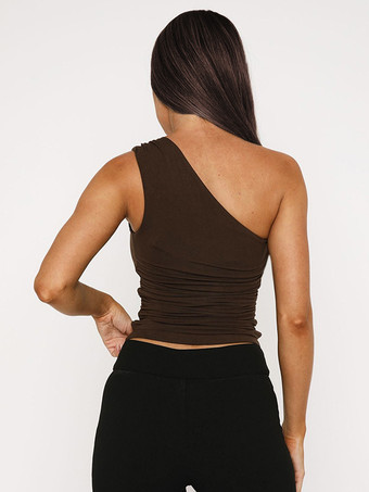 ブラウンのワンショルダートップ、セクシーなルーシュ夏用タンクトップ、女性用 2025