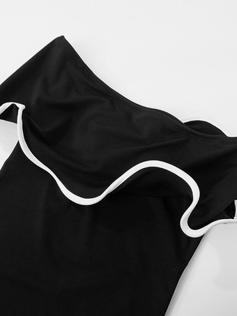 コントラストトリムのブラックオフショルダーマーメイドドレス、エレガントなミディドレス、レディース 2026