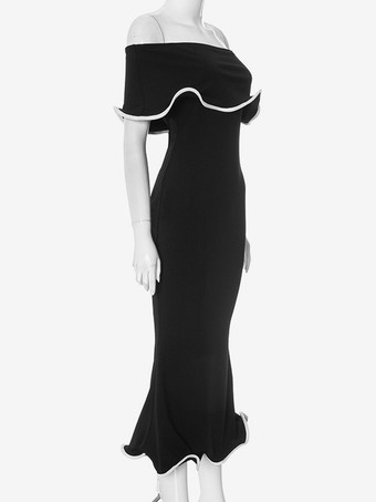 コントラストトリムのブラックオフショルダーマーメイドドレス、エレガントなミディドレス、レディース 2026