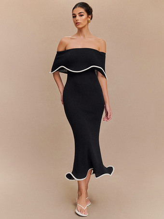 ブラック コントラストトリムのブラックオフショルダーマーメイドドレス、エレガントなミディドレス、レディース 2026