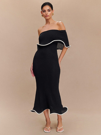コントラストトリムのブラックオフショルダーマーメイドドレス、エレガントなミディドレス、レディース 2026