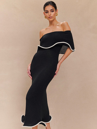 コントラストトリムのブラックオフショルダーマーメイドドレス、エレガントなミディドレス、レディース 2026