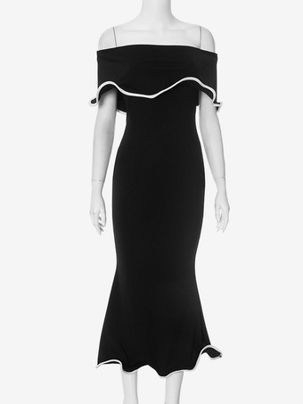 コントラストトリムのブラックオフショルダーマーメイドドレス、エレガントなミディドレス、レディース 2026