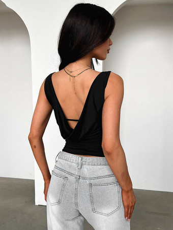 ブラック タンクトップ ノースリーブ Vバック ルーシュ サマートップ レディース 2025