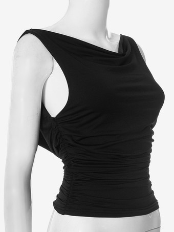 ブラック タンクトップ ノースリーブ Vバック ルーシュ サマートップ レディース 2025