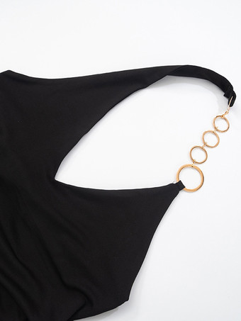 装飾リング付きブラックホルタートップ、セクシーなVネックルーシュトップ、女性用2025