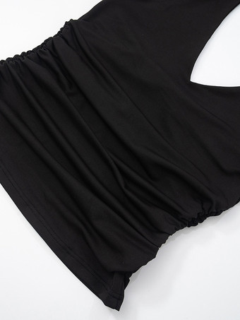 装飾リング付きブラックホルタートップ、セクシーなVネックルーシュトップ、女性用2025