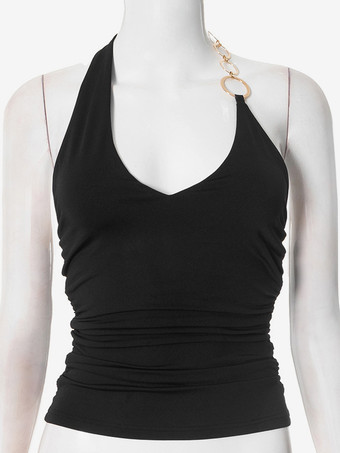 装飾リング付きブラックホルタートップ、セクシーなVネックルーシュトップ、女性用2025