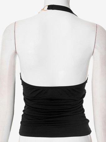 装飾リング付きブラックホルタートップ、セクシーなVネックルーシュトップ、女性用2025