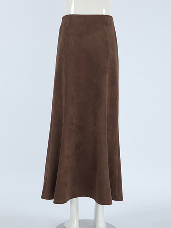 エレガントなブラウンスエードAラインマキシスカートレディース2025