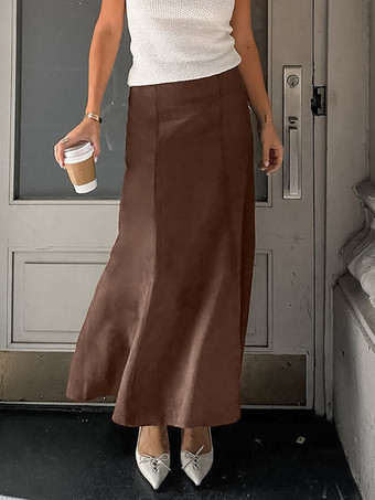 エレガントなブラウンスエードAラインマキシスカートレディース2025