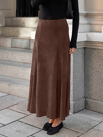 エレガントなブラウンスエードAラインマキシスカートレディース2025