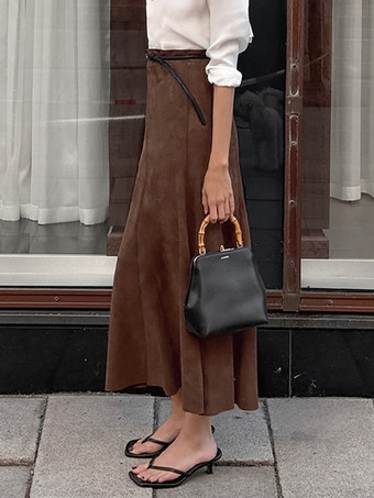 エレガントなブラウンスエードAラインマキシスカートレディース2025