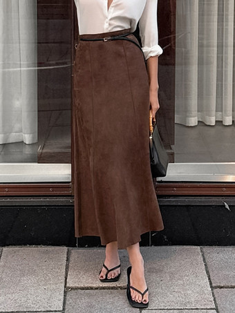 ブラウンエレガントなブラウンスエードAラインマキシスカートレディース2025