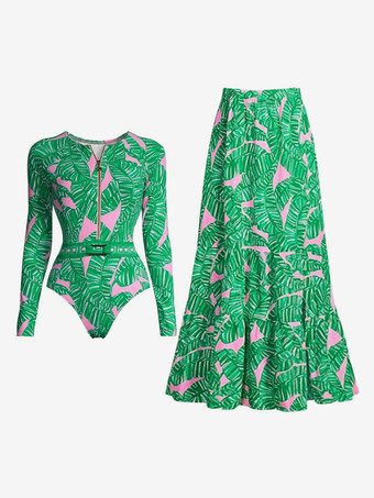グリーントロピカルプリント長袖ワンピース水着とマキシスカートセット 2025