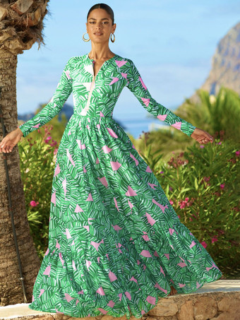 グリーントロピカルプリント長袖ワンピース水着とマキシスカートセット 2025