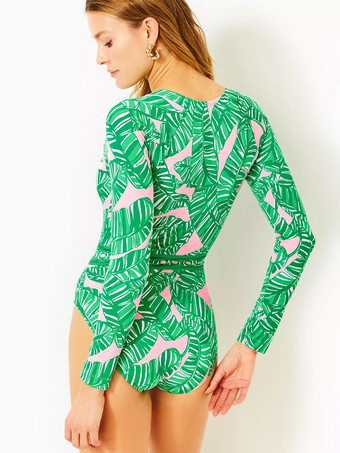 グリーントロピカルプリント長袖ワンピース水着とマキシスカートセット 2025